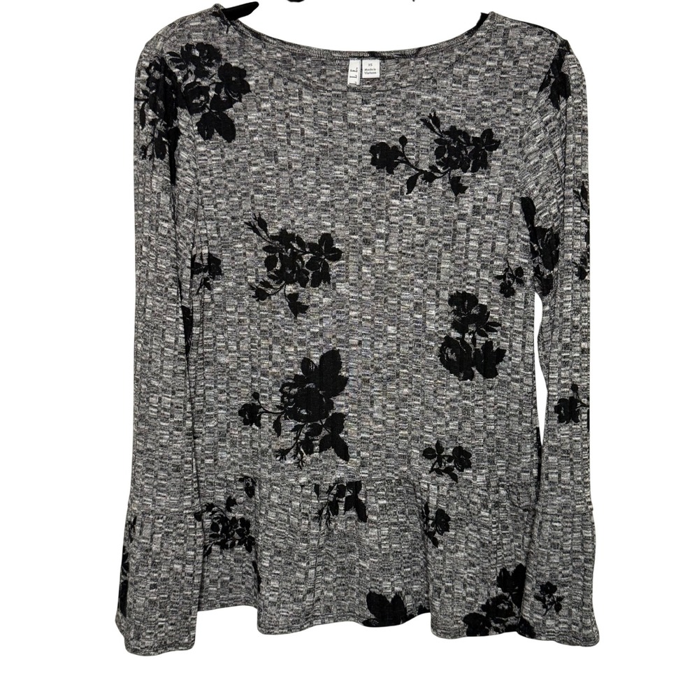 Elle Peplum Top Women XS Grey Black Excellent Floral Ribbed Long Sleeve Blouse